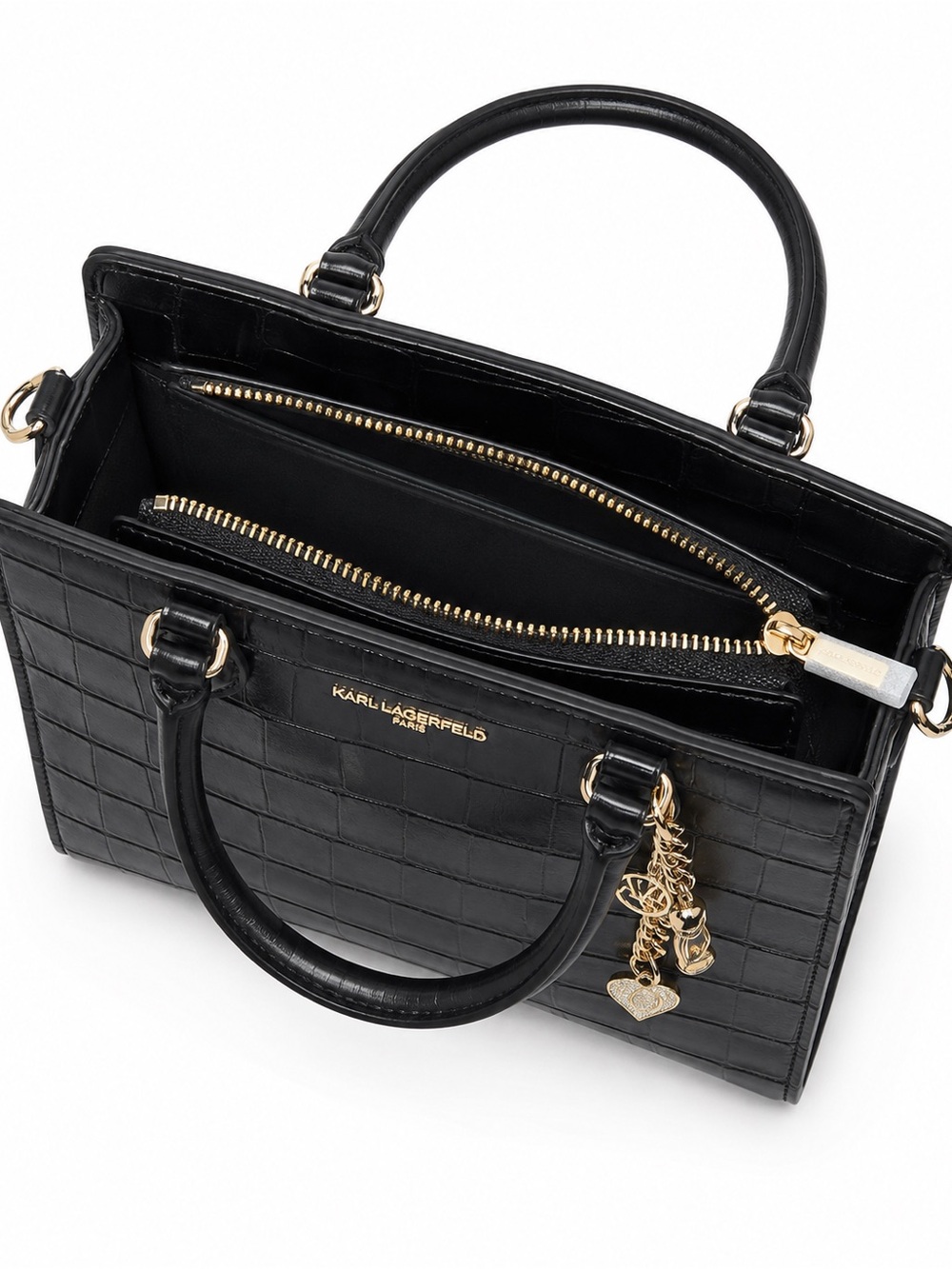 Karl Lagerfeld Black Croc-Embossed Satchel with Gold Charm - Picture 3 of 14